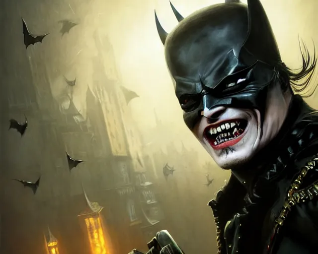 Image similar to highly detailed portrait of johnny depp as the batman who laughs, in mortal kombat 1 1, stephen bliss, unreal engine, fantasy art by greg rutkowski, loish, rhads, ferdinand knab, makoto shinkai and lois van baarle, ilya kuvshinov, rossdraws, tom bagshaw, global illumination, radiant light, detailed and intricate environment