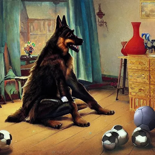 Image similar to a humanoid german shepherd beast - man, sitting and watching a soccer match in his house on television, he has hurt his knee and is a dad, by erin hanson, alexi zaitsev, karl spitzweg, award winning, tv set