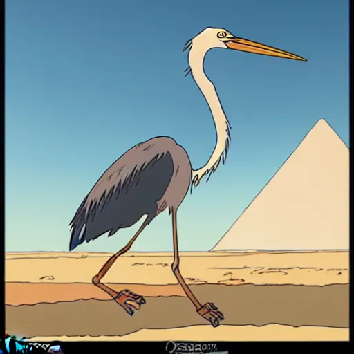 Prompt: a study of cell shaded cartoon of a mechanized grey heron from howl's moving castle ( 2 0 0 4 ), in front of pyramids on a desert road, full body, wide shot, very muted colors, post grunge, studio ghibli, laurie greasley, highly detailed, deviantart, art by artgem