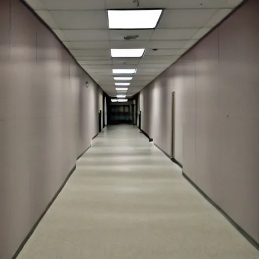 Prompt: an empty office hallway, dark, craigslist photo