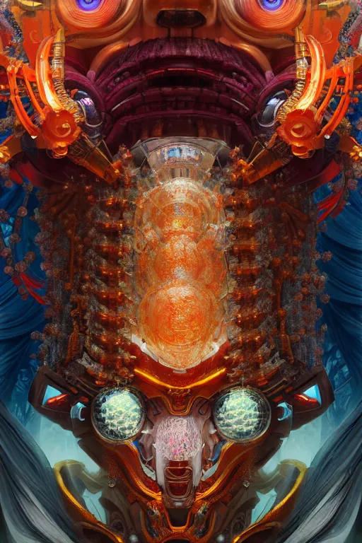 Image similar to asura from chinese myth, ghost, gorgeous and huge head ornaments, dystopian, cyberpunk, organic fractal mycelum and fungi, mecha, halfturn portrait of a big crystal face made of crystals half - turn, ominous, intricate, studio, art by anthony macbain + greg rutkowski + alphonse mucha, concept art, 4 k, sharp focus