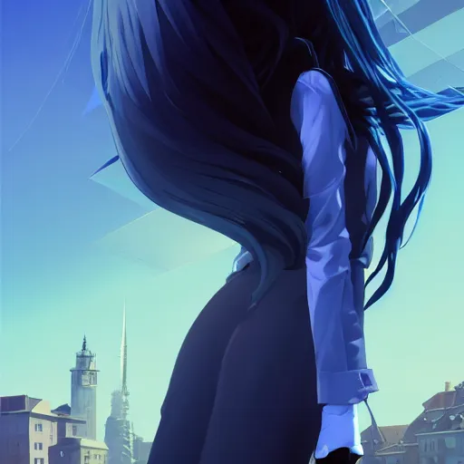 Prompt: low - angle shot from behind of a long blue - haired girl in a tailcoat looking up at the tower, combat boots, noir, screenshot, sharp focus, intricate, illustration, cell shaded, digital painting, highly detailed, straight hair, art by ilya kuvshinov, wlop, greg rutkowski, studio quality, james jean