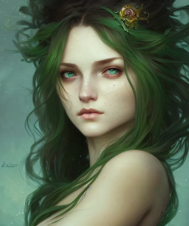 Prompt: Fae teenage girl, portrait, green eyes, face, long hair, fantasy, intricate, elegant, highly detailed, digital painting, artstation, concept art, smooth, sharp focus, illustration, art by artgerm and greg rutkowski and alphonse mucha