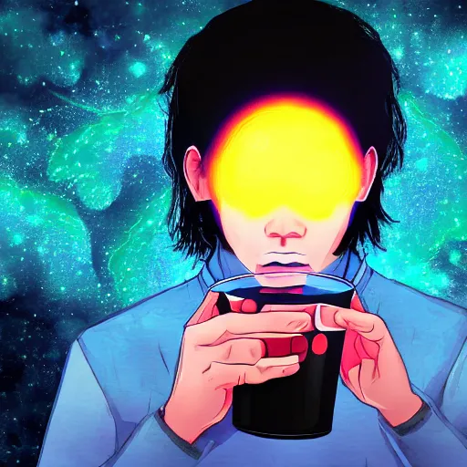 Image similar to A man drinking a cup of cosmic energy bright light by Masafumi Harada, 4k, digital art, surreal, anime style, Park Sung-woo Red Ice style