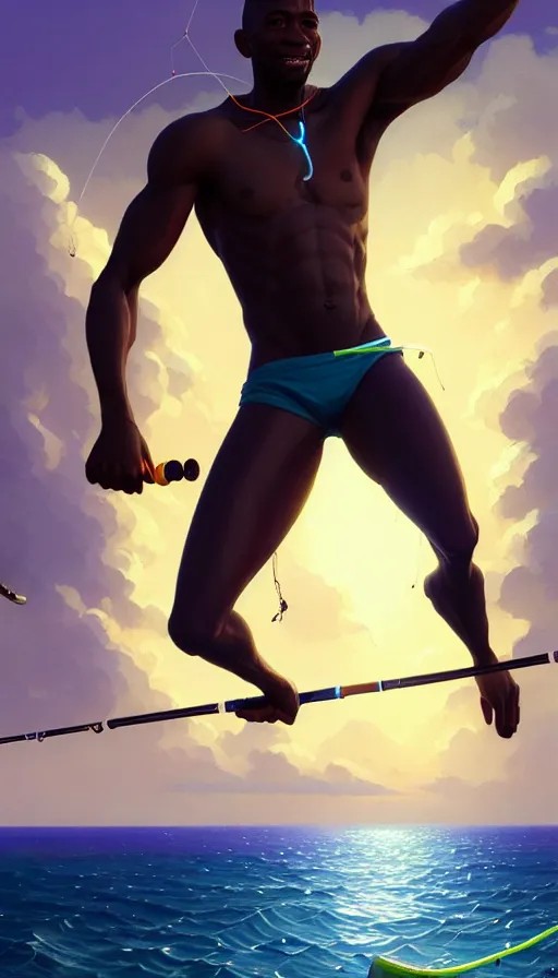 Image similar to highly detailed portrait of one athletic modern jamaican man, fishing, magical glowing fishing rod, ocean background, symmetry, unreal engine, fantasy art by greg rutkowski, loish, rhads, makoto shinkai and lois van baarle, ilya kuvshinov, rossdraws, tom bagshaw, global illumination, radiant light, detailed and intricate environment