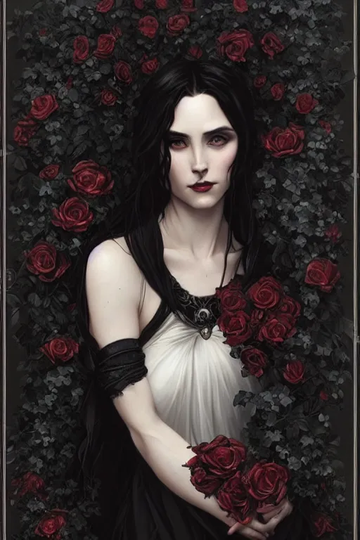 Image similar to beautiful gothic female with black roses surrounding her, Black Hair, intricate, elegant, highly detailed, digital painting, artstation, concept art, smooth, sharp, focus, illustration, art by artgerm and greg rutkowski and alphonse mucha