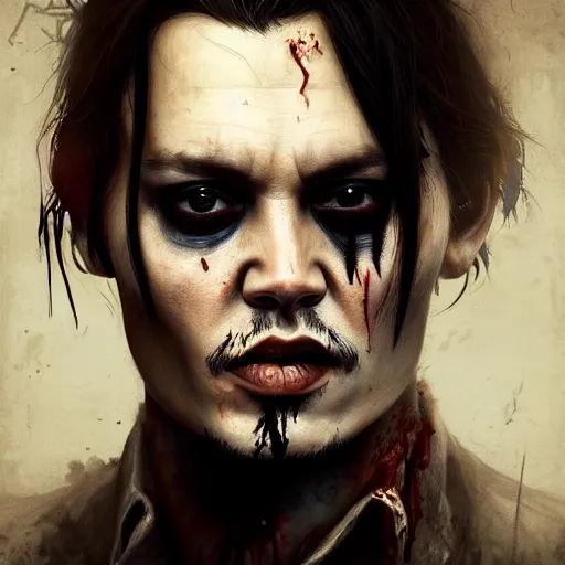 Prompt: portrait of young johnny depp as a zombie, 7 days to die zombie, fine art, award winning, intricate, elegant, sharp focus, cinematic lighting, highly detailed, digital painting, 8 k concept art, art by guweiz and z. w. gu, masterpiece, trending on artstation, 8 k