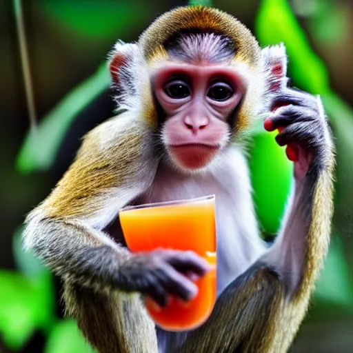 Image similar to cute baby monkey drinking juice, 4k, realistic photo