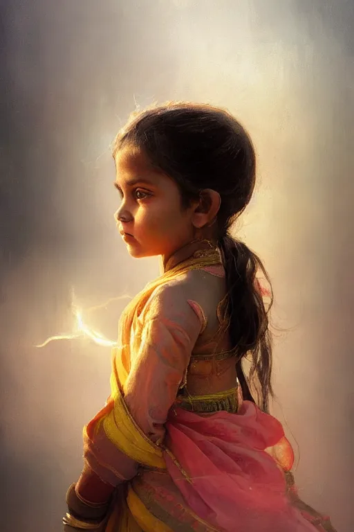 Image similar to hindu little girl, joyful, close - up portrait, intricate, elegant, volumetric lighting, scenery, digital painting, highly detailed, artstation, sharp focus, illustration, concept art, ruan jia, steve mccurry