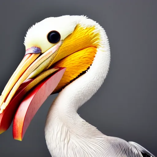 Prompt: pelican named reginald eating a apple with worms coming out of the spine of the apple, studio photography, beautiful lighting