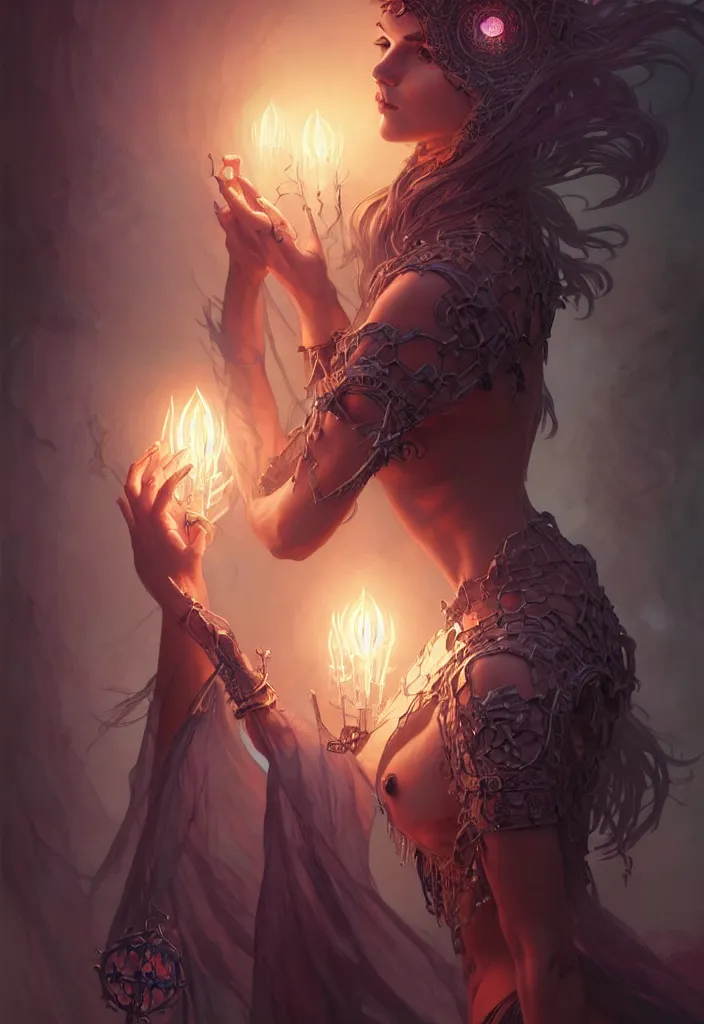 Prompt: Necromancer Sorceress body, fantasy magic, undercut hairstyle, dark light night, intricate, elegant, sharp focus, illustration, highly detailed, digital painting, concept art, matte, art by WLOP and Artgerm and Greg Rutkowski and Alphonse Mucha, masterpiece