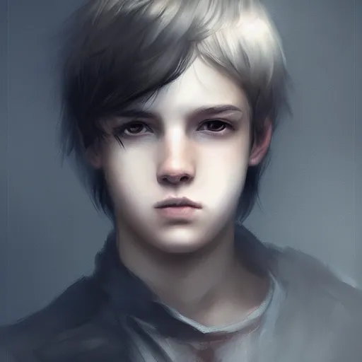 Image similar to a feminine boy with short dark hair, emo, digital art, photorealistic, 8 k resolution, beautiful face, very pretty face, very detailed eyes, by wlop, greg rutkowski