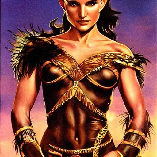 Image similar to Natalie Portman as a beautiful amazon sorceress, wearing tight fitting outfit, Frank Frazetta, Joe Jusko