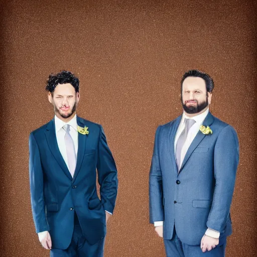 Image similar to two very ugly brothers in very expensive suits. Photograph.