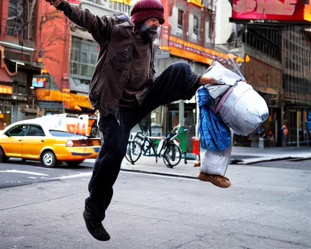 Image similar to a handsome homeless man wins the lottery. the homeless guy jumps in the air like a little girl. he is glowing like goku. realistic image. new york city candid photo