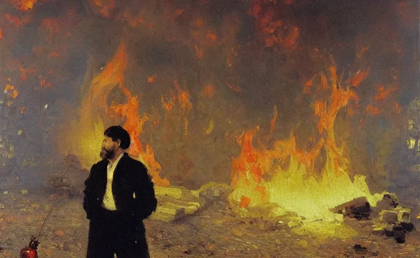 Image similar to high quality high detail painting by ilya repin, man standing in front of huge fire, hd