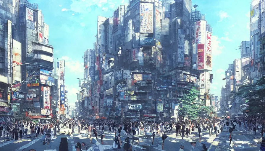 Prompt: shibuya tokyo on a beautiful day, trending on pixiv fanbox, painted by greg rutkowski makoto shinkai takashi takeuchi studio ghibli