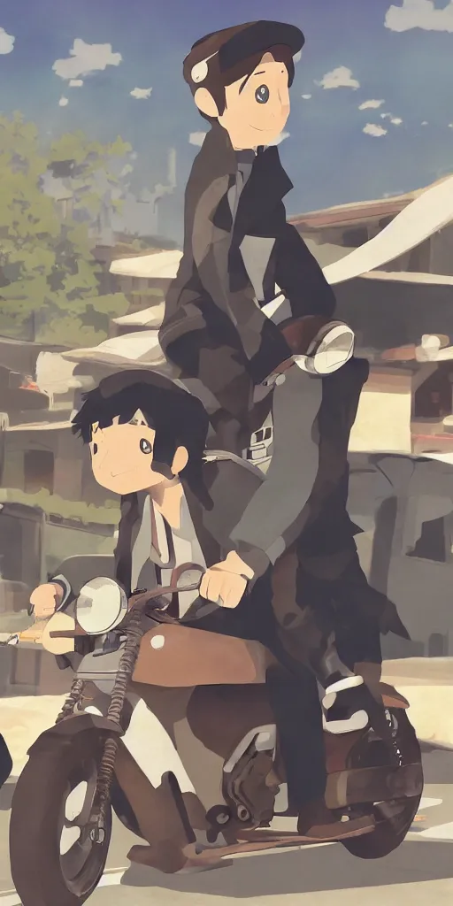 Image similar to Bernie Sanders and Kino from Kino’s Journey (2003) riding a motorcycle together. Digital illustration, digital art, 4k