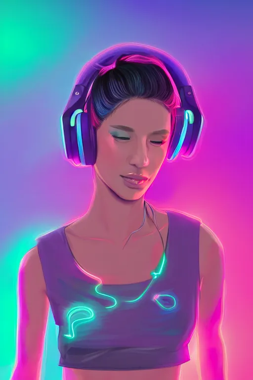 Image similar to a award winning half body portrait of a beautiful woman with stunning eyes in a croptop and cargo pants with ombre purple pink teal hairstyle dancing with headphones on her ears by thomas danthony, surrounded by whirling illuminated lines, outrun, vaporware, shaded flat illustration, digital art, trending on artstation, highly detailed, fine detail, intricate