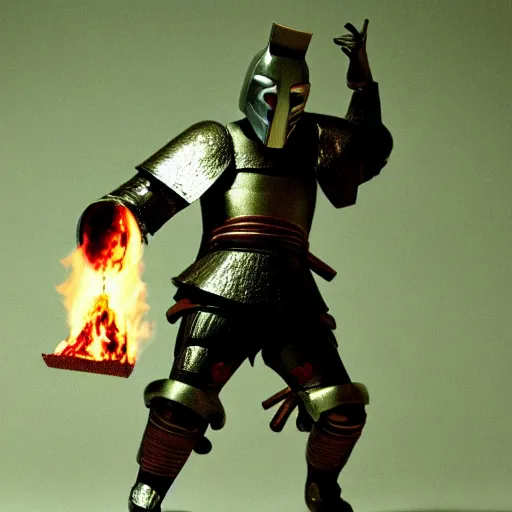 Image similar to cinematic film still MF Doom starring as a Samurai holding fire, Japanese CGI, VFX, 2003, 40mm lens, shallow depth of field,film photography