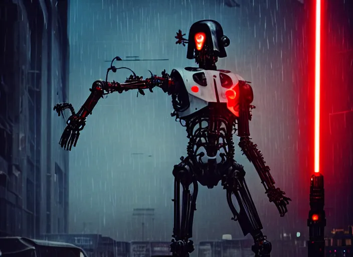 Image similar to 3 5 mm portrait photo of general grievous with heavy duty biomechanical cybernetic body with 4 arms holding 4 activated red lightsabers in the city in the rain. cyberpunk horror style.