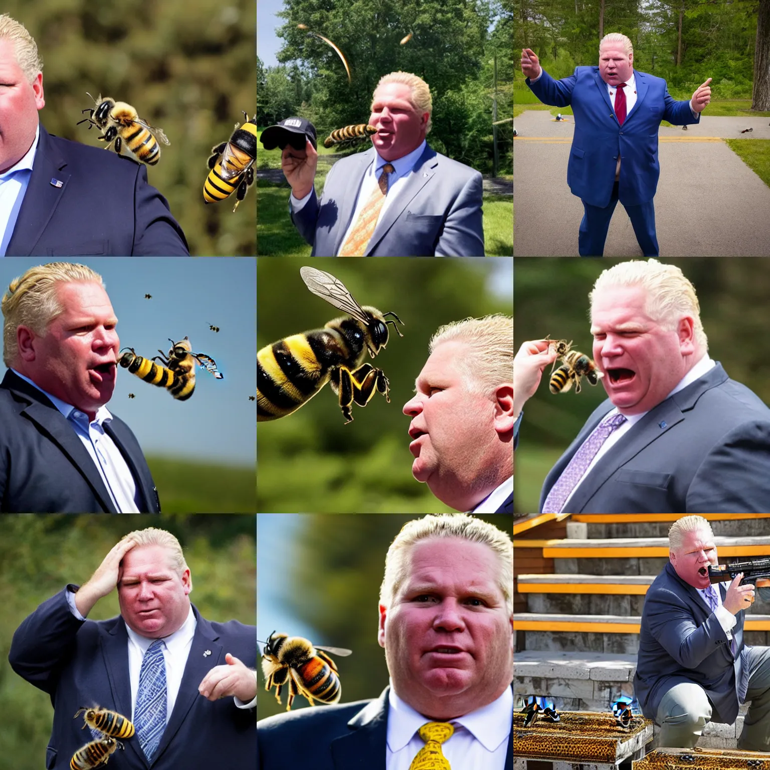 Prompt: doug ford shooting bees out of his mouth