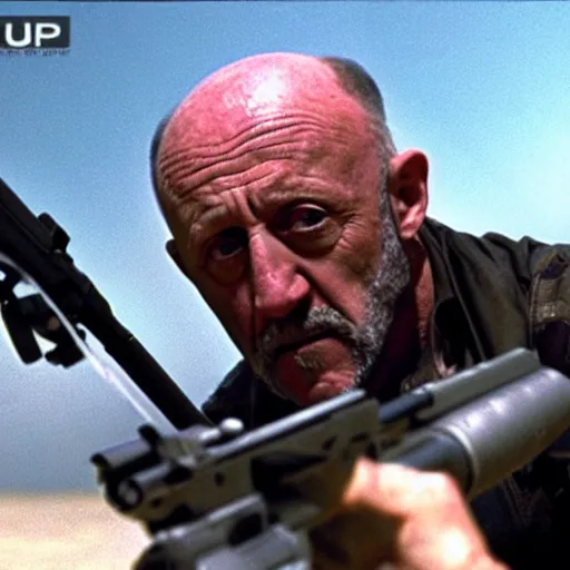 Image similar to Film Still of Mike Ehrmantraut aiming a mounted machine gun, 8k, highly detailed, centered