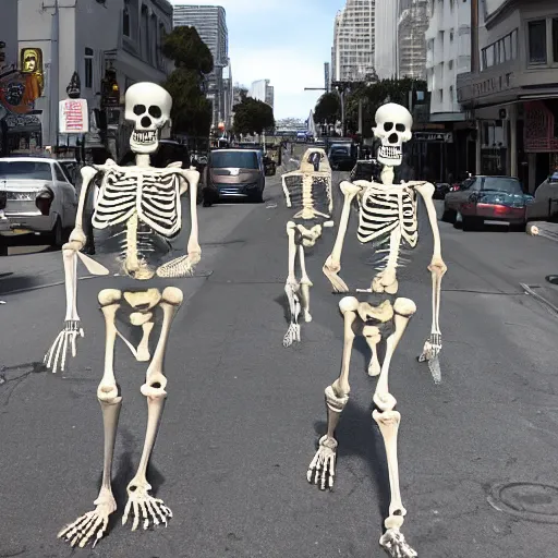 Image similar to skeletons walking around in san franciso city, ultrarealistic