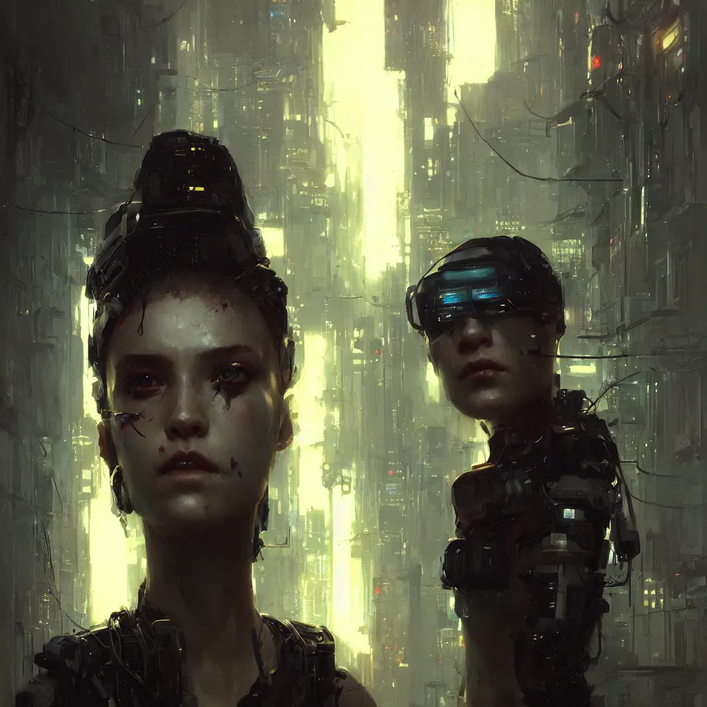 Image similar to female cyberpunk, beautiful face, rule of thirds, intricate outfit, spotlight, by greg rutkowski, by jeremy mann, digital painting