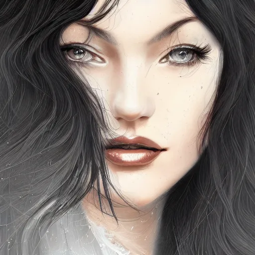 Prompt: A portrait of an attractive young female with beautiful long black hair, wind blowing and hair flowing , intricate, highly detailed, elegant, digital painting, trending on artstation