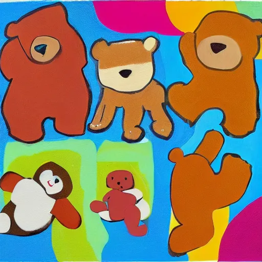 Prompt: teddy bear picnic with big macs, impressionist and abstract paint, modern art