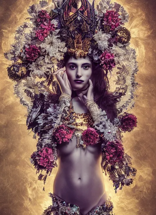 Image similar to full body environmental portrait photo of a goddess as angel, ornate headpiece made from flowers, ornaments, glamour shot by gemmy woud - binnendijk, lindsay adler, stefan gesell, photorealistic, canon r 3, fashion photography, ornate, elegant, luxury and elite, symmetrical features, octane render, unreal engine, solid dark grey background, dramatic lights