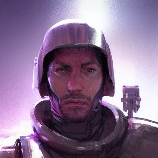Image similar to star wars concept art by greg rutkowski, a soldier of the galactic dominion wearing purple colored tactical gear, highly detailed portrait, digital painting, artstation, concept art, smooth, sharp foccus ilustration, artstation hq