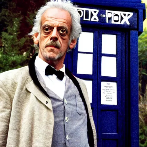 Image similar to christopher lloyd as doctor who in front of tardis, directed by james cameron, 1 9 9 9