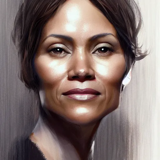 Prompt: portrait of maci holloway, first woman elected as president in usa, cold but beautiful, about 3 5 years old, highly detailed, mix of halle berry and julia roberts, gong li, olga kurylenko, artstation hd, deviantart, by artgem, greg rutkowski