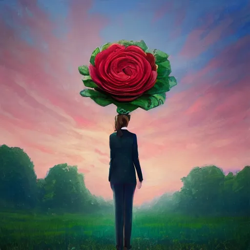 Image similar to giant rose flower head, frontal, girl in a suit, surreal photography, sunrise, dramatic light, impressionist painting, digital painting, artstation, simon stalenhag