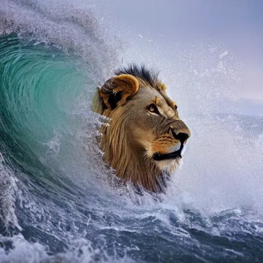 Image similar to a lion's face breaching through a wave, stormy weather