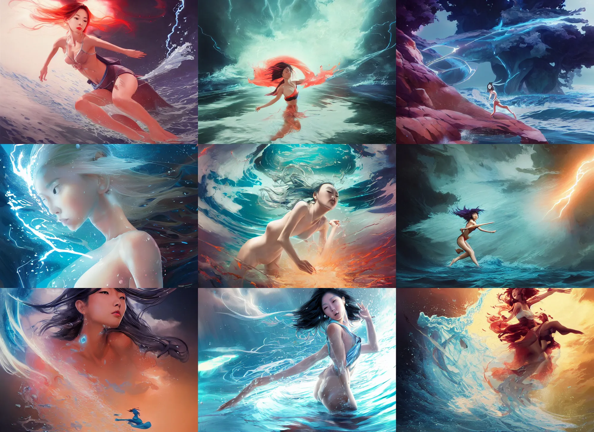 Prompt: seductive lee jin - eun running on water at super speed, emerging from multiversal galactic portal, splashes of lightning behind her, zoom, by ilya kuvshinov and peter mohrbacher and ruan jia, and m. k. kaluta, rule of thirds, coherent symmetry, masterpiece, beautiful, 4 k, sharp focus, close up, majestic,