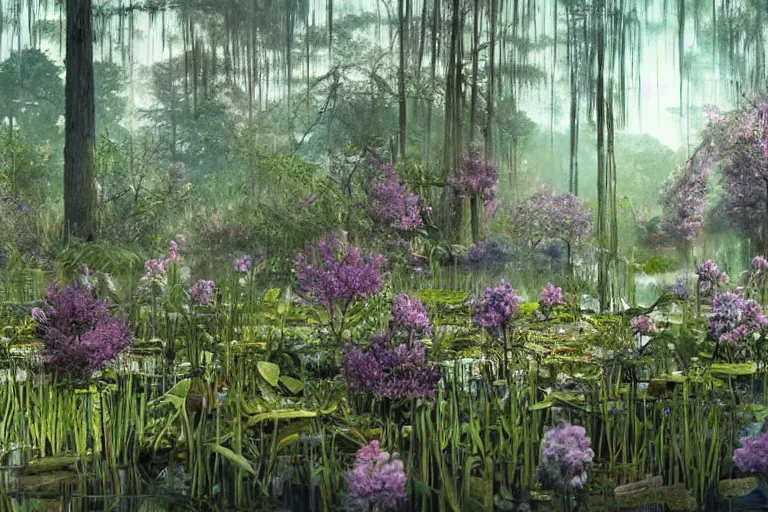 Image similar to hyperrealism, scene from louisiana swamps, starship, spring blooming flowers garden, true detective, 8 0 s japanese sci - fi books art