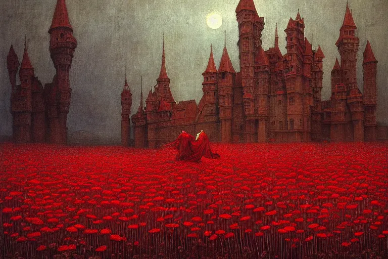 Prompt: only with red, red flowers of different types, a red tiger, a castle in the background, medieval demons dance over the flowers, an ancient path, in the style of beksinski, part by hopper, part by rodcenko, part by hofbauer, intricate composition, red by caravaggio, insanely quality, highly detailed, masterpiece, red light, artstation