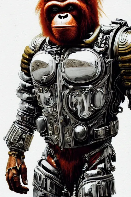 Image similar to a portrait of a muscular anthropomorphic cyberpunk orangutang in spacesuit armor with ensignia on chest plate by sandra chevrier, by jon foster, detailed render, pistol in holster, extremely hyperdetailed, tape deck, epic composition, cybernetics, 4 k realistic, cryengine, realistic shaded lighting, sharp focus, masterpiece, by enki bilal