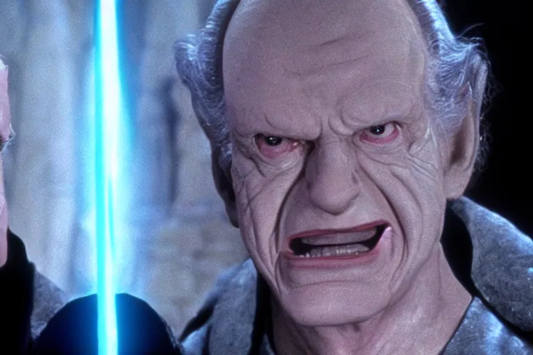 Image similar to (a cinematic still from return of the jedi!!), palpatine, masterpiece