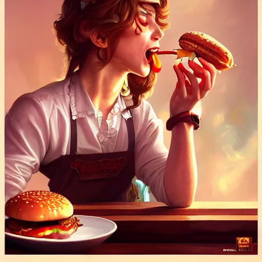Prompt: Ted Bundy crying eating hamburger, dripping BBQ Sauce, serving burgers, D&D, spilling ketchup, fantasy, intricate, elegant, highly detailed, digital painting, artstation, concept art, matte, sharp focus, illustration, hearthstone, art by Artgerm and Greg Rutkowski and Alphonse Mucha