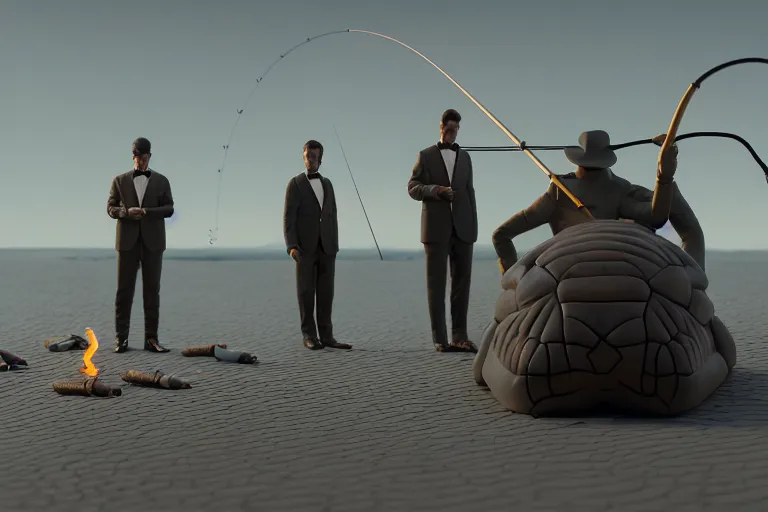 Image similar to hyperrealism photography simulation highly detailed human turtles'wearing detailed tuxedos and smoking, fishing in hyperrealism scene from cyberpunk movie from future by wes anderson and denis villeneuve and mike winkelmann rendered in blender and octane render