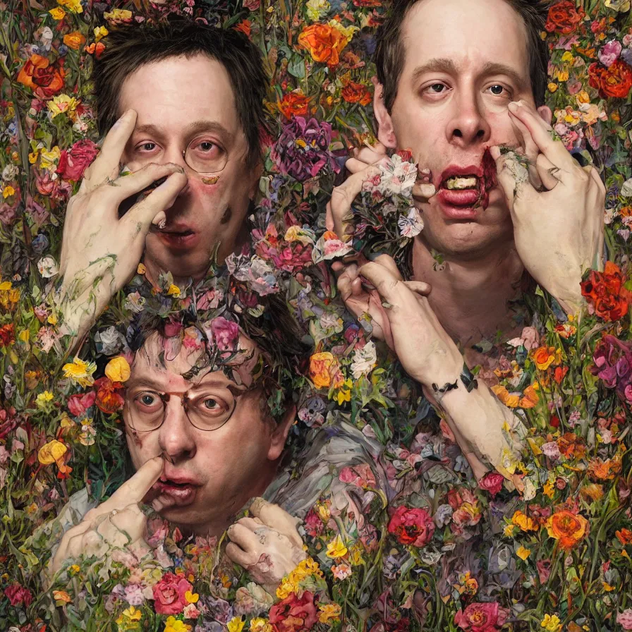 Image similar to male portrait of the john zorn todd solondz eating rotten flesh and puking blood, surrounded by flowers by karol bak, james jean, tom bagshaw, rococo, trending on artstation, cinematic lighting, hyper realism, octane render, 8 k, hyper detailed.