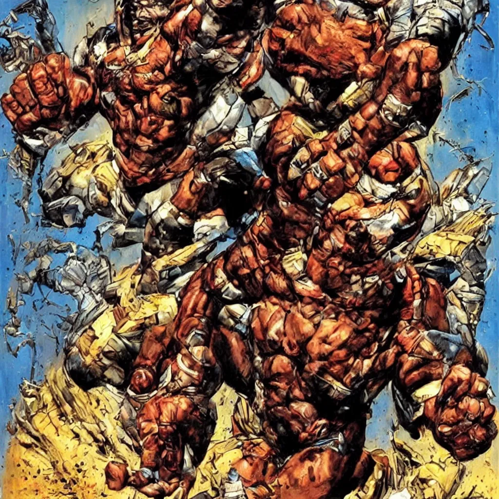 Prompt: big african superhero raising fist, art style simon bisley