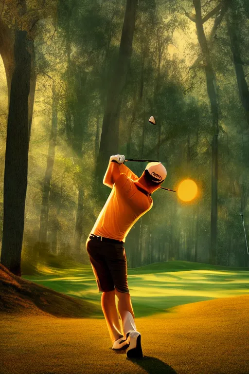 Prompt: close-up of a golf player on a lush golf course with a burning forest far away, digital painting, 4k, rays of light, particles light, by sasha kalinkin