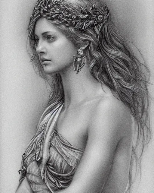 Image similar to pencil drawing of a beautiful greek goddess aphrodite wearing a laurel wreath and arrowhead earrings, beautiful confident and piercing eyes, beautiful flowing hair, hyper realistic face, in the style of greg rutkowski, fantasy, amazing detail, epic, elegant, smooth, sharp focus, from the front