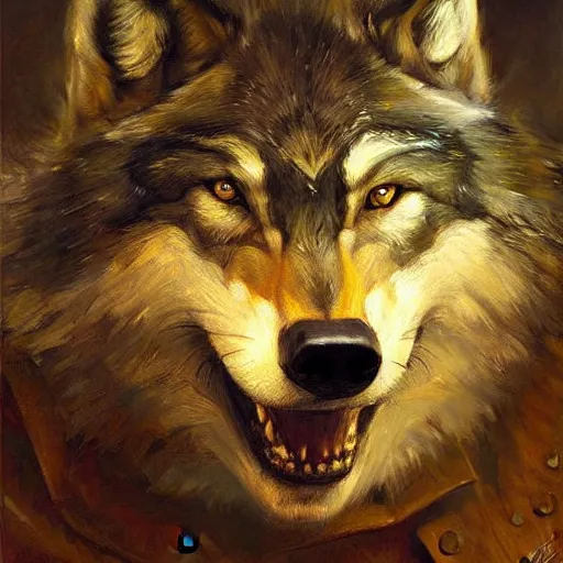 Image similar to a portrait of a wolf dogman. highly detailed painting by gaston bussiere, craig mullins, j. c. leyendecker, furry