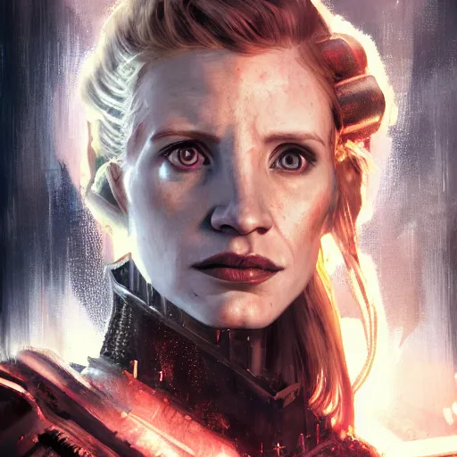 Prompt: jessica chastain portrait, dystopia core, apocalyptic, armor, warrior, dramatic, sharp focus, fiction, neon, fantasy, hyper detailed, digital art, trending in artstation, cinematic lighting, studio quality, smooth render, unreal engine 5 rendered, octane rendered, art style and nixeu and wlop and krenz cushart
